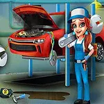 Mechanik v modré uniformě drží klíč vedle červeného auta v garáži