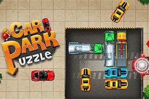 Barevné auta zaparkovaná na parkovišti obklopená šedými kachličkami s nápisem Car Park Puzzle