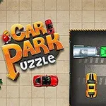 Barevné auta zaparkovaná na parkovišti obklopená šedými kachličkami s nápisem Car Park Puzzle