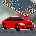 Červené auto na silnici před parkovištěm s parkovacím značením a několika zaparkovanými auty