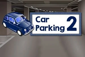 Modré auto v podzemní garáži s nápisem Car Parking 2