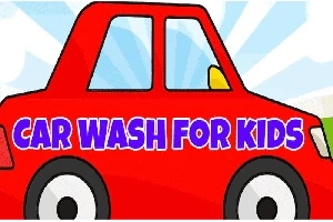 Červené kreslené auto s nápisem Car Wash for Kids na modrém pozadí