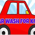 Červené kreslené auto s nápisem Car Wash for Kids na modrém pozadí