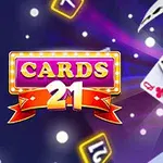 Karetní symboly včetně es a obloučkového zářivého nápisu CARDS 21 na barevném pozadí s hvězdicovými efekty