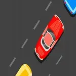 Červené auto na silnici uprostřed obklopené modrým a žlutým autem