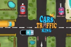 Pohled shora na křižovatku s barevnými auty a nápisem Cars Traffic King uprostřed