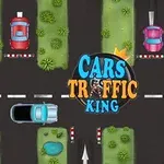 Pohled shora na křižovatku s barevnými auty a nápisem Cars Traffic King uprostřed