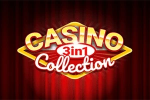 Nápis Casino 3 in 1 Collection na červeném pozadí s výrazným zlatým a bílým písmem