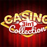 Nápis Casino 3 in 1 Collection na červeném pozadí s výrazným zlatým a bílým písmem