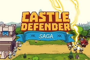 Pevnost s rytíři a příšerami v kresleném stylu s nápisem Castle Defender Saga