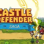 Pevnost s rytíři a příšerami v kresleném stylu s nápisem Castle Defender Saga