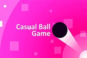 Růžové pozadí s černou tečkou a nápisem Casual Ball Game obklopené bílými paprsky