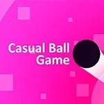 Růžové pozadí s černou tečkou a nápisem Casual Ball Game obklopené bílými paprsky