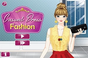 Mladá žena s blonďatými vlasy v elegantním žlutém topu, držící černou kabelku, s růžovým nápisem Casual Dress Fashion vedle ní