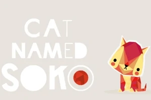 Barevná ilustrace roztomilé kočky v geometrickém stylu vedle textu „Cat Named Soko“