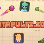 Růžové a zelené katapulty vystřelující koule směrem k postavám na mřížkovaném pozadí s nápisem CATAPULTZ