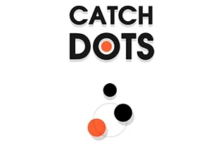 Text CATCH DOTS nahoře s černými a oranžovými kruhy pod ním na bílém pozadí