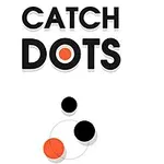 Text CATCH DOTS nahoře s černými a oranžovými kruhy pod ním na bílém pozadí