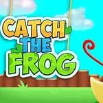 Barevná kreslená žába s vyplazeným jazykem a nad ní velký nápis CATCH THE FROG na modrém pozadí s obláčky