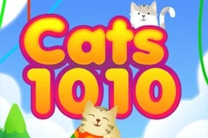 Barevný nápis Cats 1010 s kreslenými kočkami v pozadí na modro-bílém obláčkovém pozadí