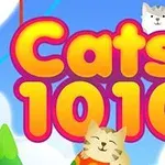 Barevný nápis Cats 1010 s kreslenými kočkami v pozadí na modro-bílém obláčkovém pozadí
