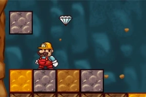 Postavička v červených montérkách a přilbě stojí na kamenné plošině, nad ní se vznáší diamant