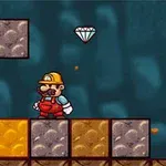 Postavička v červených montérkách a přilbě stojí na kamenné plošině, nad ní se vznáší diamant