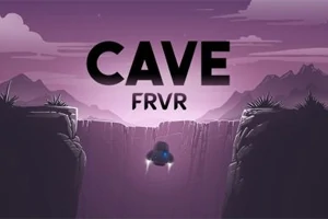 Vyobrazení letu vesmírné lodi mezi dvěma skalními útesy v purpurové krajině s nápisem CAVE FRVR