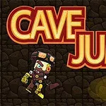Postava v ochranném obleku a helmě skáče před nápisem Cave Jump na kamenném pozadí s pochodněmi