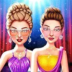 Dvě stylizované postavy v elegantních šatech a brýlích stojí před zářivým, barevně osvětleným pozadím s červenými závěsy