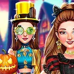 Dvě stylizované dívky v kostýmech na Halloweenské oslavě, jedna drží vyřezávanou dýni, obě mají výrazné doplňky a barevné oblečení