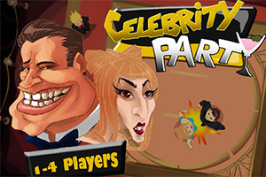 Karikatury dvou postav na barevném pozadí s textem Celebrity Party a 1-4 Players