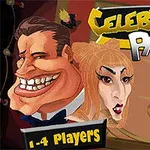 Karikatury dvou postav na barevném pozadí s textem Celebrity Party a 1-4 Players