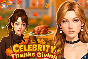 Dvě elegantní ženy v popředí, podzimní listí, pečený krocan a nápis „Celebrity Thanksgiving