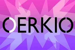 Barevné pozadí s růžovými a fialovými geometrickými tvary s černým textem OERKIO uprostřed