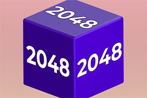Fialová kostka s číslem 2048 na růžovém pozadí