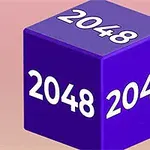 Fialová kostka s číslem 2048 na růžovém pozadí