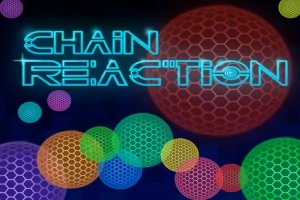 Nápis CHAIN REACTION v neonově modré barvě s různobarevnými hexagonálními bublinami na tmavém pozadí
