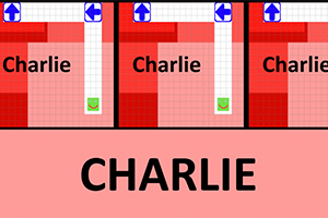 Tři čtvercové sekce s opakujícím se nápisem Charlie, šipkami a různými odstíny červené barvy