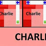 Tři čtvercové sekce s opakujícím se nápisem Charlie, šipkami a různými odstíny červené barvy