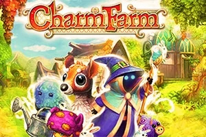 Charm Farm Barevná ilustrace s kouzelnými tvory včetně postavy v magickém plášti v zahradním prostředí