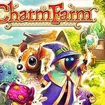 Charm Farm Barevná ilustrace s kouzelnými tvory včetně postavy v magickém plášti v zahradním prostředí