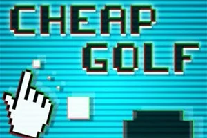 Název CHEAP GOLF na modrém proužkovaném pozadí s kurzorem ve tvaru ruky