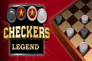 Hračka šachovnice s černobílými žetony a textem Checkers Legend na červeném pozadí