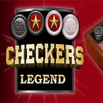 Hračka šachovnice s černobílými žetony a textem Checkers Legend na červeném pozadí