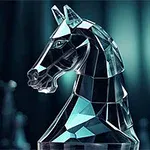 Skleněný šachový kůň s geometrickým designem na rozmazaném pozadí s dalšími šachovými figurkami