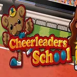 Ilustrace s kreslenou roztleskávačkou s hnědými vlasy a žlutými třásněmi vedle medvídka v modrém oblečení na atletickém stadionu s nápisem Cheerleaders School