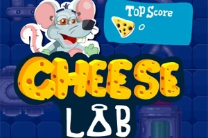 Kreslená myš s brýlemi vedle nápisu Cheese Lab s ukazatelem skóre v pozadí