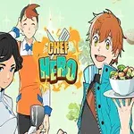 Tři kreslené postavy, z nichž jedna drží talíř se salátem, pozadí s nápisem Chef Hero