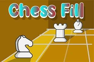 Název Chess Fill nad šachovnicí s figurami koně, věže a střelce na žlutohnědém pozadí